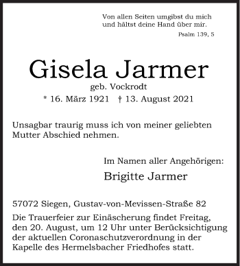 Traueranzeige von Gisela Jarmer von Siegener Zeitung