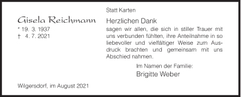 Traueranzeige von Gisela Reichmann von Siegener Zeitung