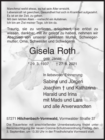 Traueranzeige von Gisela Roth von Siegener Zeitung