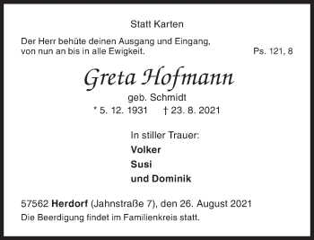 Traueranzeige von Greta Hofmann von Siegener Zeitung