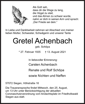 Traueranzeige von Gretel Achenbach von Siegener Zeitung