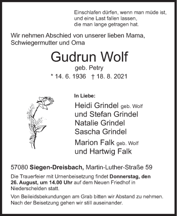 Traueranzeige von Gudrun Wolf von Siegener Zeitung