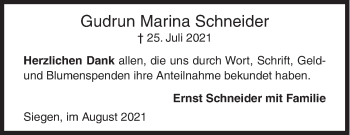 Traueranzeige von Gudrun Marina Schneider von Siegener Zeitung