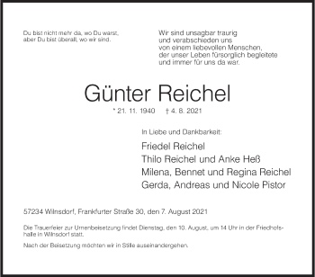 Traueranzeige von Günter Reichel von Siegener Zeitung