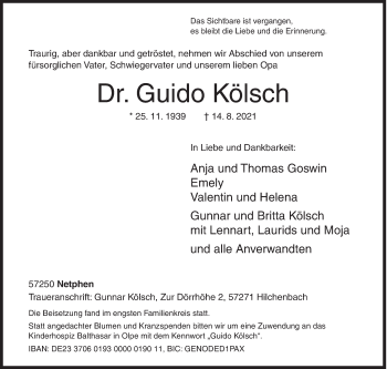 Traueranzeige von Guido Kölsch von Siegener Zeitung