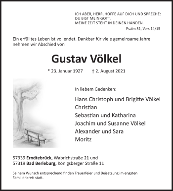 Traueranzeige von Gustav Völkel von Siegener Zeitung