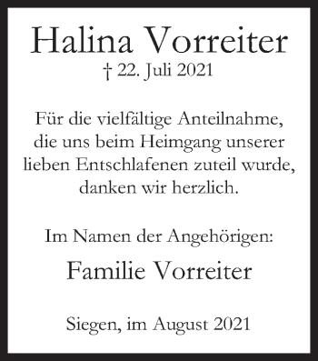 Traueranzeige von Halina Vorreiter von Siegener Zeitung