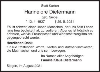 Traueranzeige von Hannelore Dietermann von Siegener Zeitung