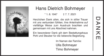Traueranzeige von Hans Dietrich Bohmeyer von Siegener Zeitung