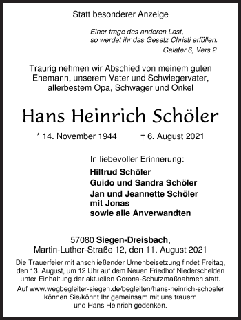 Traueranzeige von Hans Heinrich Schöler von Siegener Zeitung
