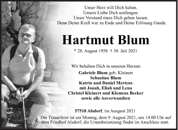 Traueranzeige von Hartmut Blum von Siegener Zeitung