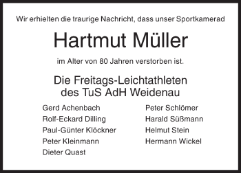 Traueranzeige von Hartmut Müller von Siegener Zeitung