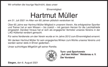 Traueranzeige von Hartmut Müller von Siegener Zeitung