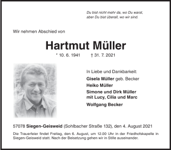 Traueranzeige von Hartmut Müller von Siegener Zeitung