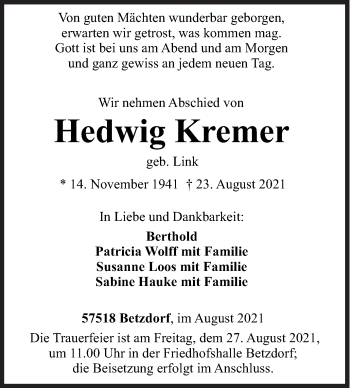 Traueranzeige von Hedwig Kremer von Siegener Zeitung