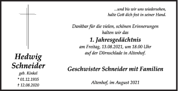 Traueranzeige von Hedwig Schneider von Siegener Zeitung