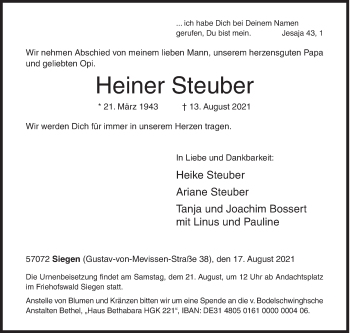 Traueranzeige von Heiner Steuber von Siegener Zeitung