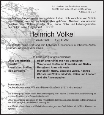 Traueranzeige von Heinrich Völkel von Siegener Zeitung