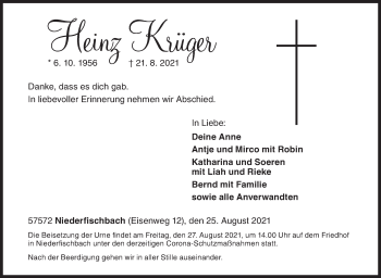 Traueranzeige von Heinz Krüger von Siegener Zeitung
