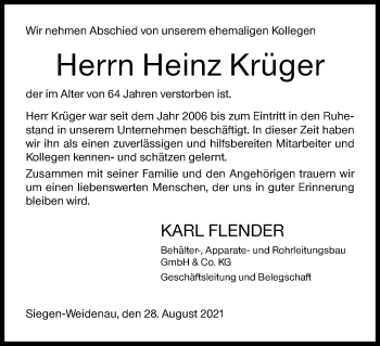 Traueranzeige von Heinz Krüger von Siegener Zeitung