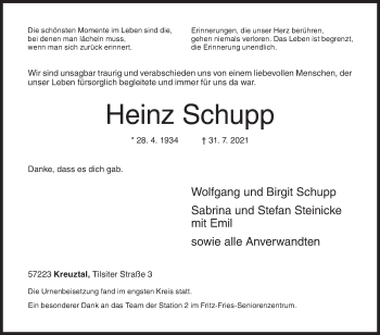 Traueranzeige von Heinz Schupp von Siegener Zeitung