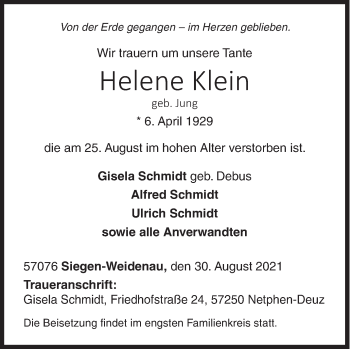 Traueranzeige von Helene Klein von Siegener Zeitung