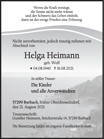 Traueranzeige von Helga Heimann von Siegener Zeitung