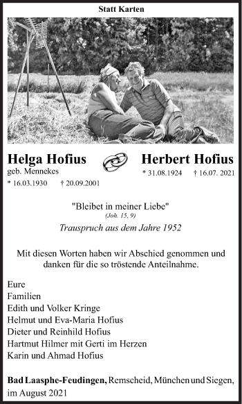 Traueranzeige von Helga und Herbert Hofius von Siegener Zeitung