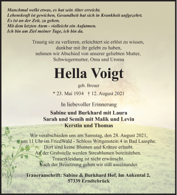 Traueranzeige von Hella Voigt von Siegener Zeitung