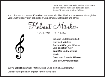 Traueranzeige von Helmut Münker von Siegener Zeitung
