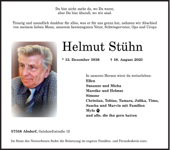 Traueranzeige von Helmut Stühn von Siegener Zeitung