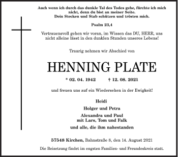Traueranzeige von Henning Plate von Siegener Zeitung
