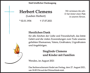 Traueranzeige von Herbert Clemens von Siegener Zeitung