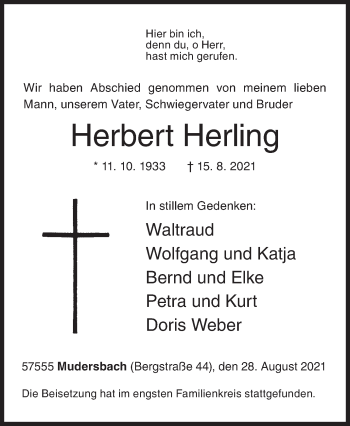 Traueranzeige von Herbert Herling von Siegener Zeitung