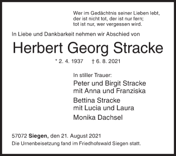 Traueranzeige von Herbert Georg Stracke von Siegener Zeitung