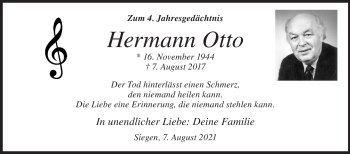 Traueranzeige von Hermann Otto von Siegener Zeitung