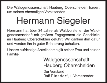 Traueranzeige von Hermann Siegeler von Siegener Zeitung