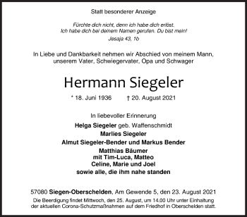 Traueranzeige von Hermann Siegeler von Siegener Zeitung