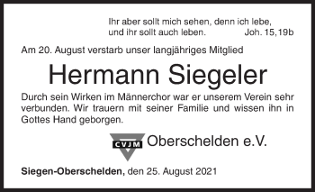 Traueranzeige von Hermann Siegeler von Siegener Zeitung