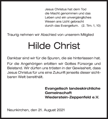 Traueranzeige von Hilde Christ von Siegener Zeitung