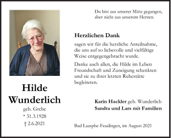 Traueranzeige von Hilde Wunderlich von Siegener Zeitung