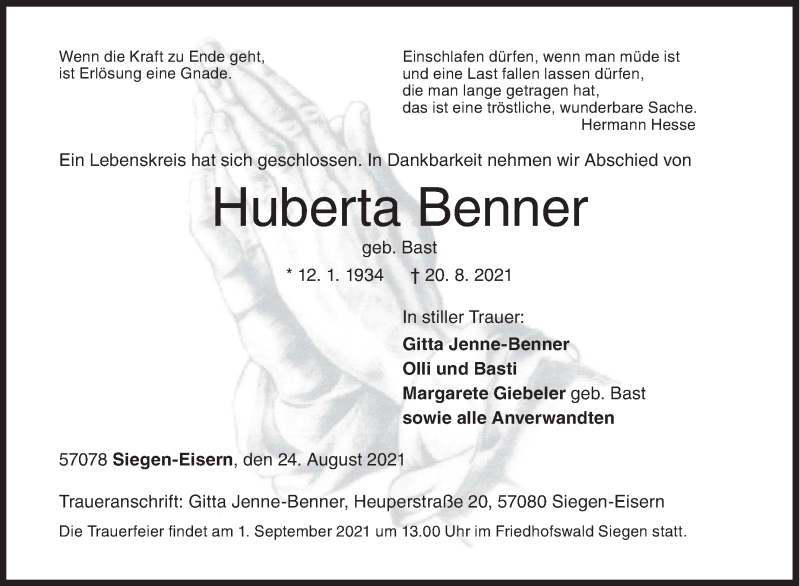  Traueranzeige für Huberta Benner vom 24.08.2021 aus Siegener Zeitung