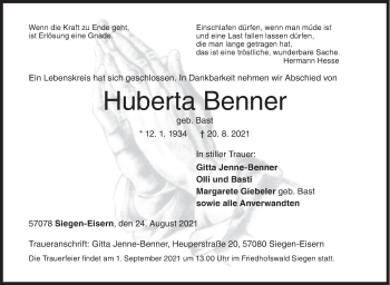 Traueranzeige von Huberta Benner von Siegener Zeitung