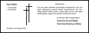 Traueranzeige von Ilse Metz von Siegener Zeitung