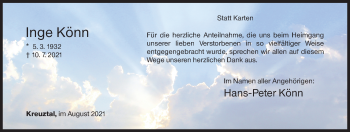 Traueranzeige von Inge Könn von Siegener Zeitung