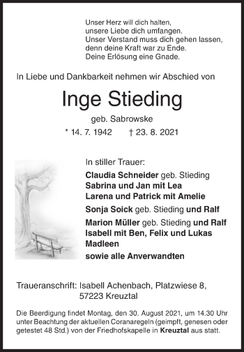 Traueranzeige von Inge Stieding von Siegener Zeitung