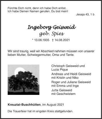 Traueranzeige von Ingeborg Geisweid von Siegener Zeitung