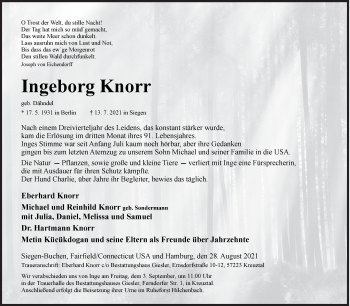 Traueranzeige von Ingeborg Knorr von Siegener Zeitung