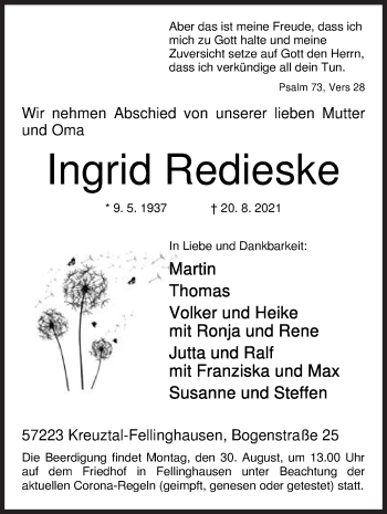Traueranzeige von Ingrid Redieske von Siegener Zeitung