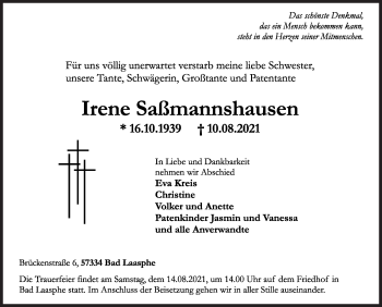 Traueranzeige von Irene Saßmannshausen von Siegener Zeitung